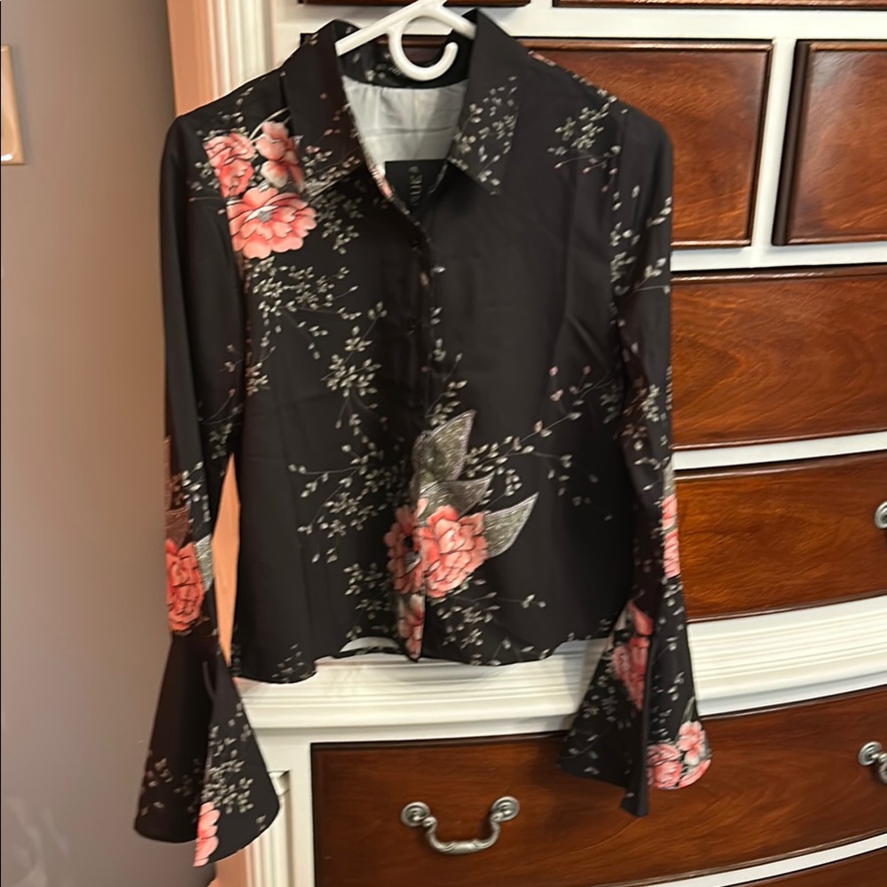 Black and Pink Asymmetrical Bell Sleeve Button Down Shirt